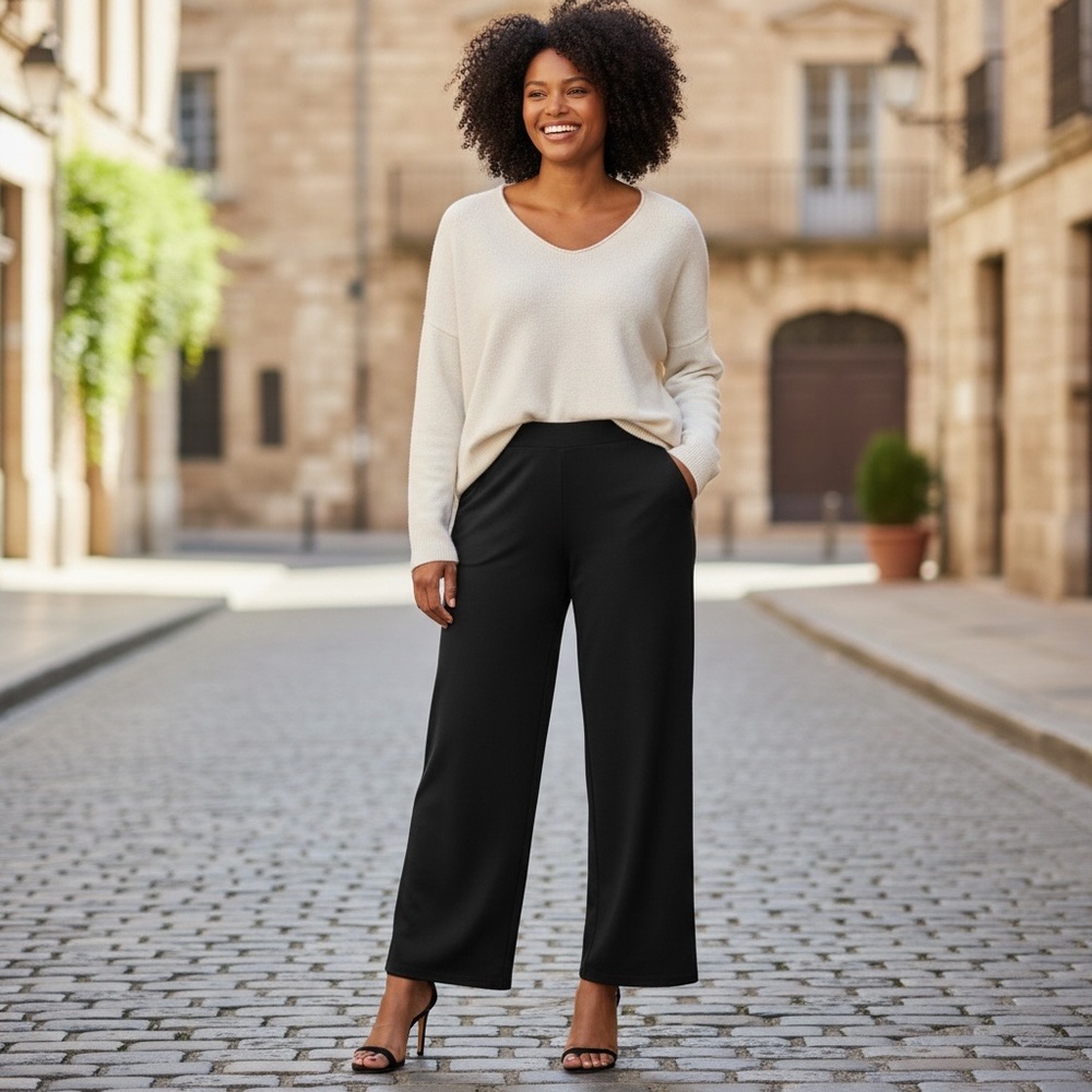 NWT JM Collection Women’s Black‎ Wide-Leg Pull On Knit Pants Stretch All Season